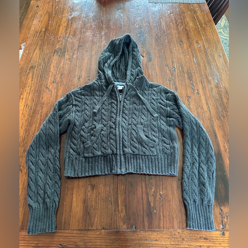 AE Cropped Black Cable Knit Zip up Hooded Sweater